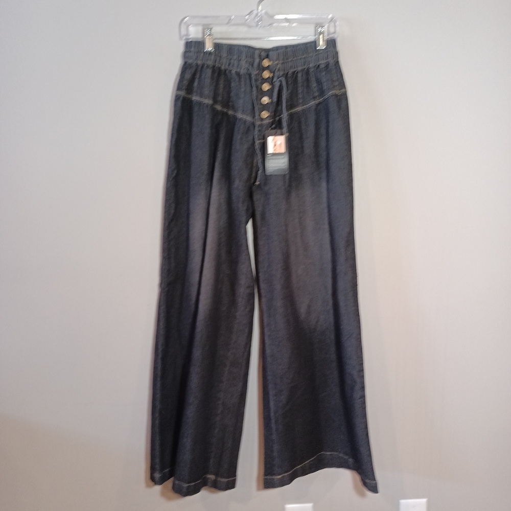Chartou Baggy Wide Leg Jeans Elastic Mid Waist Dark Wash Size M New - Picture 2 of 10